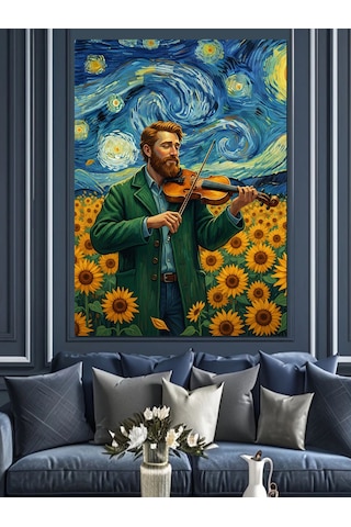 Ahşap Tablo Van Gogh Tarzı Yıldızlı Gecede Ayçiçek Tarlasındaki Kemancı Adam