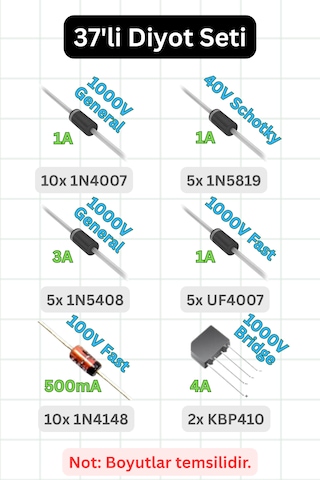 Diyot Seti Tht 6 Çeşit 37 Adet - 1n4007, 1n4148, 1n5819, 1n5408, Uf4007, Kbp410 Diyot Seti Tht 6 Çeşit 37 Adet - 1n4007, 1n4148, 1n5819, 1n5408, Uf4007, Kbp410
