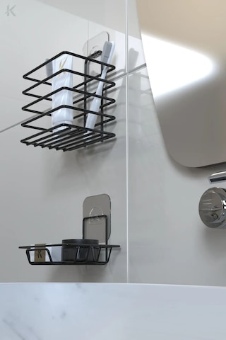 Siyah Paslanmaz Metal Banyo Duvar Organizeri - Yapışkanlı Diş Fırçalık Ve Sabunluk Seti Siyah