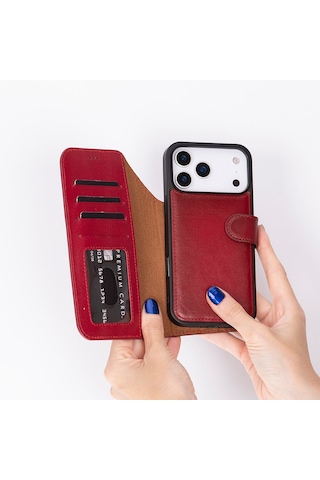 Bloomcase Magic Wallet Crimson Red Apple Uyumlu iPhone 17 Pro 6.3" Hakiki Deri Çıkarılabilir Cüzdanlı Telefon Kılıfı Kırmızı