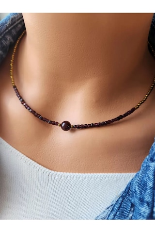 Doğaltaş Lal Ve Hematit Taşı Minimal Kolye Bordo