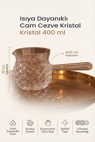 Isıya Dayanıklı Cam Cezve Kristal 400 Ml, 10 Cm Yükseklik, Cam Türk Kahvesi Cezvesi