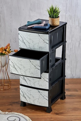 4 Katlı Çekmeceli Baskılı Mermer Desenli Kapaklı Plastik Komidin - Sebzelik - Çekmece Siyah