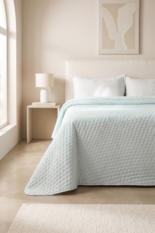 Ocean Home Textile Pamuklu Kapitoneli Açık Mavi Renk Çizgi Desen Çift Kişilik Yatak Örtüsü Seti 1 Adet 250 X 230 / 2 Adet 50 X 70 Cm