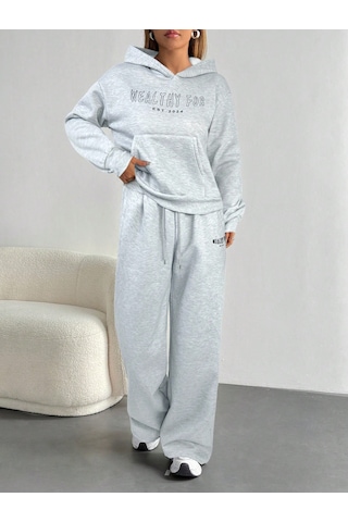 Macklin Unisex Kadın Erkek Healty For Baskılı Oversize 3 İplik Kapüşonlu Sweatshirt Ve Baggy Eşofman Altı Gri Melanj