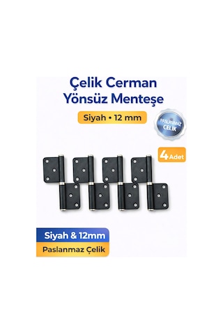 4 Adet Çelik Cerman Yönsüz Siyah Kapı Menteşesi 12 Mm