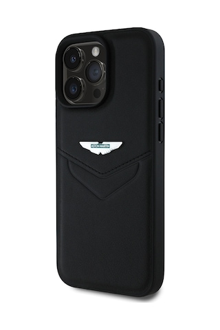 Apple Uyumlu iPhone 16 Pro Max Kılıf Aston Martin Lisanslı Victory Dizayn Deri Metal Logolu Kapak Siyah