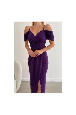 Lior Design Kadın Trend Krep Kumaş V Yaka Yırtmaçlı Abiye Elbise Mor