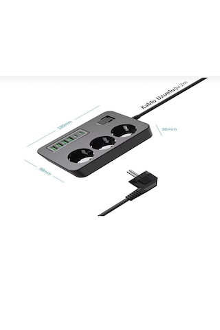 3 Lü Akım Korumalı Grup Priz 4 Usb + 2 Usb-c Çıkışlı, 2 Metre Kablolu, Çocuk Korumalı, Açma Kapama Anahtarlı 2 M