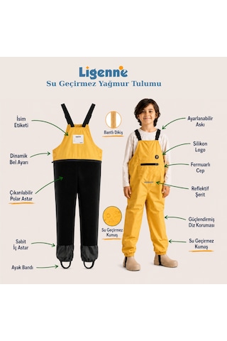 Ligenne Su Geçirmez Çocuk Yağmur Tulumu, Çıkarılabilir Polar Astarlı, Bantlı Dikişli Pure Mustard Sarı