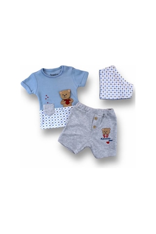 3lü Erkek Bebek Takım Mavi Ayıcık Kısakol Sweat 3-6-9-12 Ay Bebek Takımları Kıyafetleri Bebek Giyim mavi Mavi