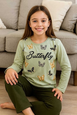 Kız Çocuk Pijama Takımı %100 Pamuk Yeşil