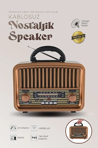 Retro Görünümlü Bluetooth Radyo Fm/am/sw Hoparlör Usb Tf Müzik Çalar Tws Destekli Nostaljik Radyo