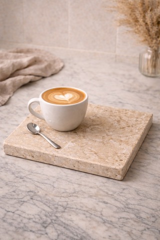 Doğal Traverten Mermer Sunumluk & Çok Amaçlı Tepsi 25 X 20 Cm El Yapımı Premium Servis Tepsisi Bej