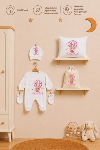 Pia Baby Kız Bebek Hastane Çıkışı İsimli Tulum Takımı Yastık Kılıfı Şapka Eldiven Kıyafet Kesesi Bebek Hediyesi 2045ytk3x Krem