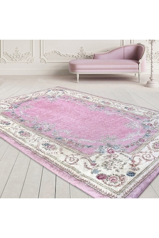 Nur Home Nrh-22 Pembe Krem Çiçekli Süngerli Kadife Halı Örtüsü Çok Renkli
