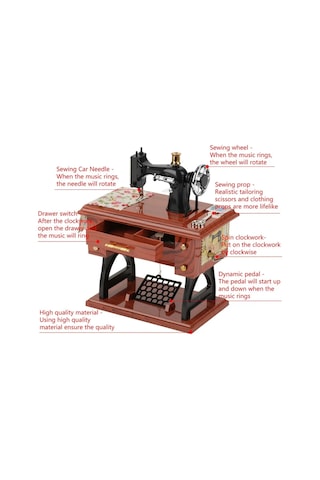 Reedark Retro Dikiş Makinesi Desenli Mini Müzik Kutusu - Çarklı Hareketli, Çekmeceden Müzik Çalar, Nostaljik Hediye Odun