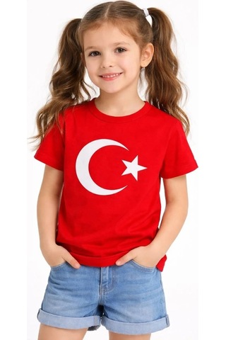Mzpkartan Kız Çocuk Tişört Bisiklet Yaka Ay Yıldız Bayrak Baskılı T-shirt - Kırmızı