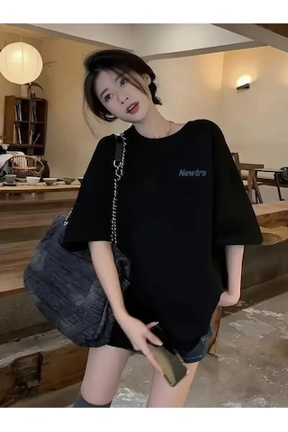 Modi Baskılı Oversize Bisiklet Yaka T-shirt - Siyah - Mymg159020