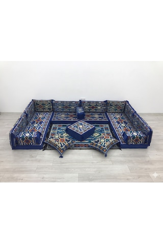 Turkıshrug Kıngdom 10 Cm Süngerli Lüks Şark Köşesi Takımı Mavi Desenli 18 Parça Tam Set - Kilim, Puf Ve Yer Minderi Dahil