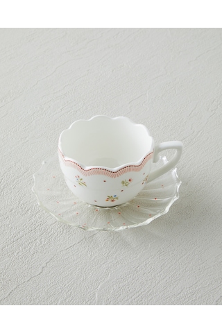 English Home Daisy Days New Bone China 4 Parça 2 Kişilik Cam Tabaklı Kahve Fincan Takımı 80 Ml Pembe - Yeşil