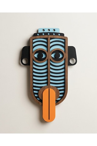 Modern Picasso Tarzı Ahşap Duvar Maske Mdf - Siyah Turuncu - Kırmızı Geometrik Tribal Mask 0