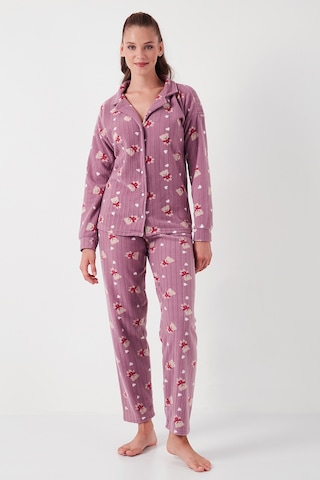 Lela Standart Fit Düğmeli Polarlı Bayan Pijama Takımı 6095615 Lila