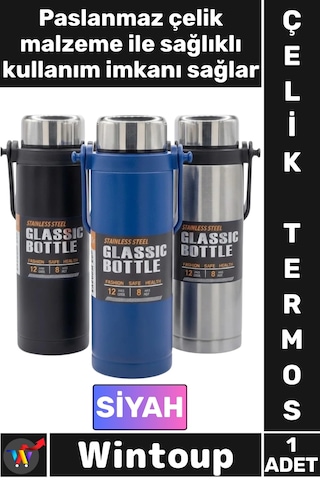 Termos Yalıtımlı Sızdırmaz Sağlam Kamp Outdoor Soğuk Sıcak Taşıma Kulplu Çelik Termos 800 Ml Siyah Çok Renkli