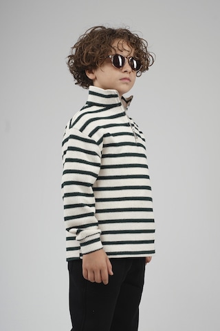King-Brich Kingbrich Kids Oversize Kalıp Çizgili Yakası Fermuarlı Sweatshirt Yeşil