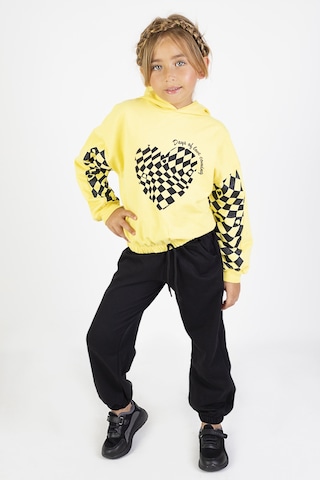 Kız Çocuk İki İplik Kumaş Orta Kalınlıktaa Baskılı Örme Basic Eşofman Takımı Sarı