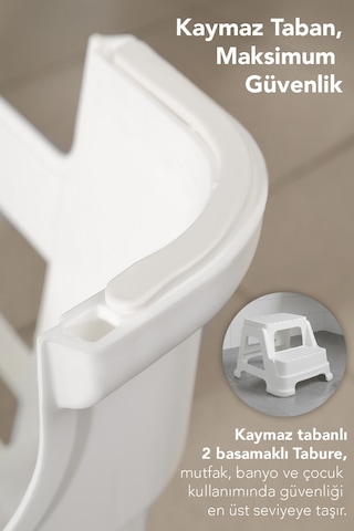2 Basamaklı Merdiven Tabure - Kaydırmaz Tabanlı Çok Amaçlı Basamak Tabure Beyaz