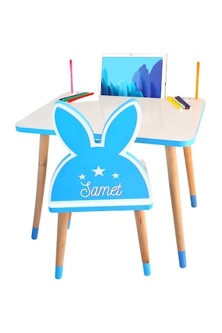 Çocuk Ders Çalışma Masa Ve Sandalye Takımı 2-6 Yaş Mavi Tavşanlı