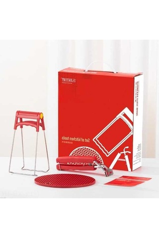 Fortunelane Pratik Mutfak Seti: Paslanmaz Çelik Isıya Dayanıklı Tabak-kapak Tutucu, Kaymaz Tutuş, 3'lü Kırmızı Renkli Paket Diğer