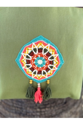 Handream Örgü Kare Mandala Detaylı Bez Omuz Çantası Fıstık Yeşili