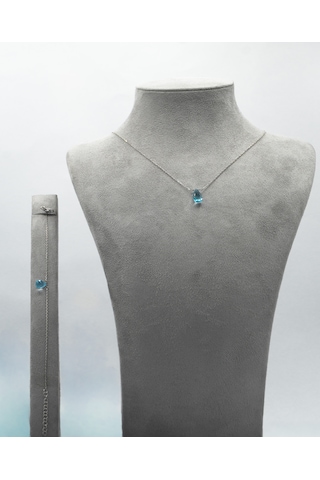 925 Ayar Gümüş Rodyum - Altın Kaplama 6 Ct Yarı Değerli Mavi Topaz Damla Taşlı Set -Raccolta Di Gocce