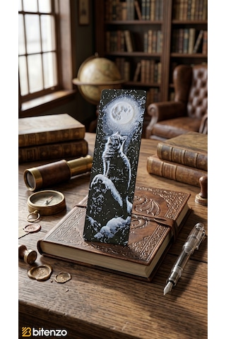Dolunay Altında Kedi Tasarım Kabartma Dokulu Kitap Ayracı - Gece Manzaralı Şık Kitap Aksesuarı