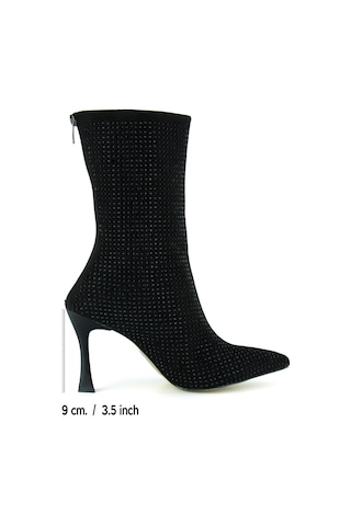 Erkan Saçmacı Nell Siyah Süet Taşlı Sivri Burun Fermuarlı İnce Topuklu Abiye Yarım Çizme Siyah