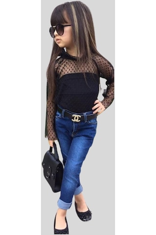 Turuncu Gardrop Üst Güpür Bluz Alt Kot Pantolon Kemerli Kız Çocuk Takım Çok Renkli