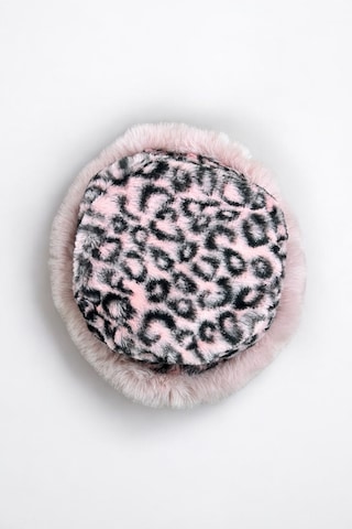 Me-vo Leopar Desenli Pembe Peluş Kürk Şapka, Yumuşak Faux Fur Kenarlı Pembe