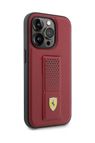 Apple Uyumlu iPhone 14 Pro Kılıf Ferrari Lisanlı Klasik Metal Logolu Delikli Standlı Deri Kapak Kırmızı