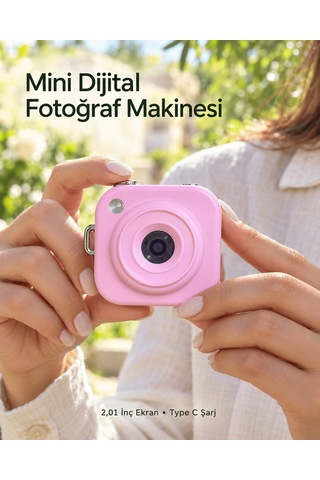 Type C Şarjlı Pembe Mini Fotoğraf Makinesi Taşıma Askılı Dijital Kamera Çok Renkli