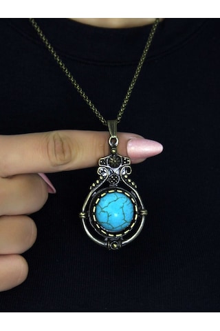 Doğal Taş Firuze Doğal Taşlı Desenli Otantik Kadın Kolye 45 Cm Zincirli Euk14f Mavi