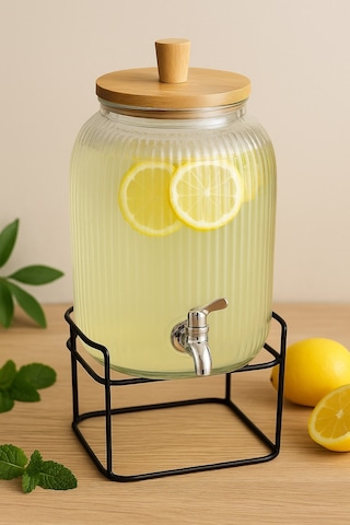 Qerhome Cam Şerbetlik 3,75 Litre, Musluklu, Bambu Kapaklı, Metal Standlı