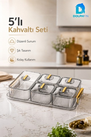 5 Li Kapaklı Kahvaltılık Seti Şeffaf Gold Kulplu Sunum Tepsili Bpa İçermez Seffaf
