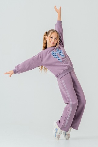 Kız Çocuk Fiyonk Nakışlı Taşlı 3 İplik Kalın Kışlık Eşofman Takımı Ak4222 Mor