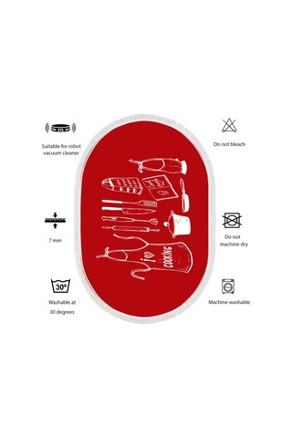 Dijital Kaymaz Yıkanabilir Banyo Mutfak Salon Paspas Halısı Trend Saçaklı Oval Al4032 Kırmızı