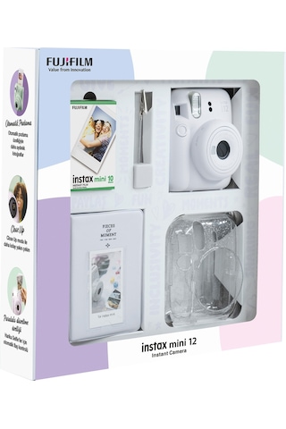 Fujifilm Instax Mini 12 Fotoğraf Makinesi + 10'lu Film + Simli Pleksi Kılıf + Pvc Albüm + Kıskaçlı Resim Standı Beyaz