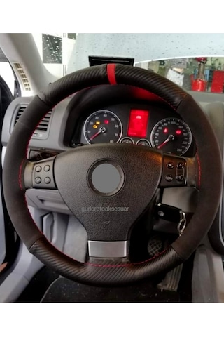 Vw Jetta Alkantra Karbon Direksiyon Kılıfı Dikmeli Kırmızı