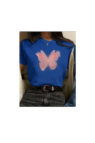Pembe Kelebek Desenli Baskılı Kompakt T-shirt Mavi