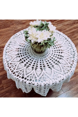 Yuntech01 El Yapımı Beyaz Gül Desenli Örgü Masa Örtüsü, 65-70 Cm Dairesel Pamukluk, Konforlu Dekor Beyaz